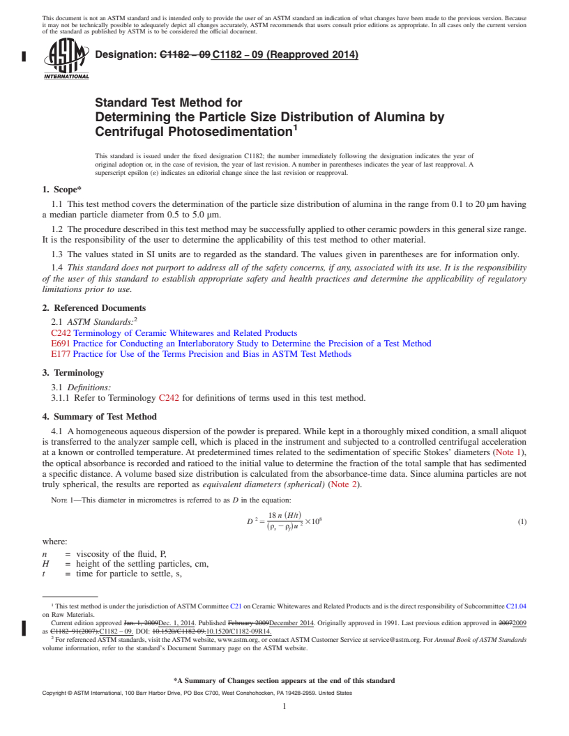 REDLINE ASTM C1182-09(2014) - Standard Test Method for  Determining the Particle Size Distribution of Alumina by Centrifugal  Photosedimentation