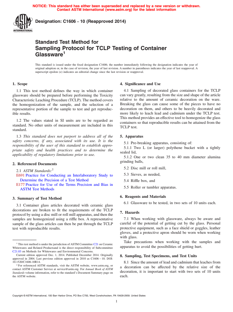 ASTM C1606-10(2014) - Standard Test Method for  Sampling Protocol for TCLP Testing of Container Glassware