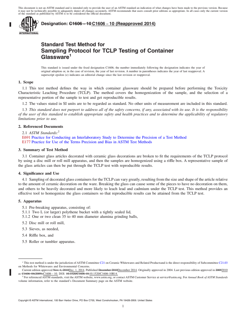 REDLINE ASTM C1606-10(2014) - Standard Test Method for  Sampling Protocol for TCLP Testing of Container Glassware