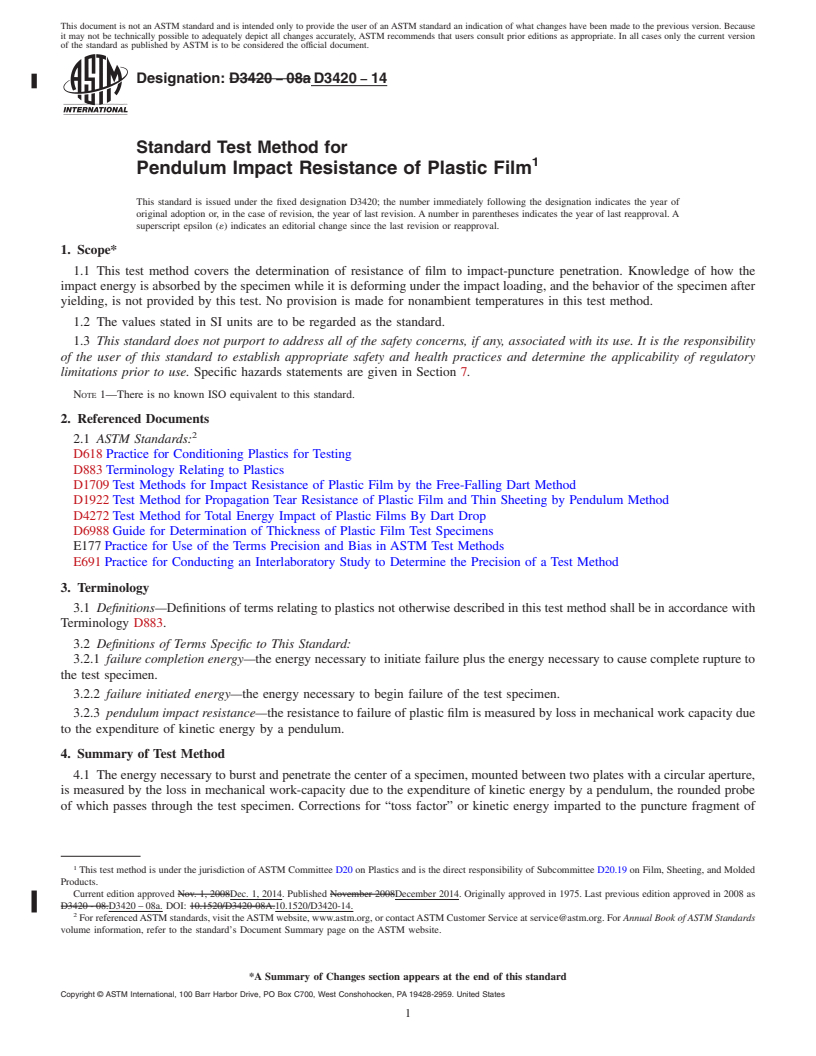 REDLINE ASTM D3420-14 - Standard Test Method for  Pendulum Impact Resistance of Plastic Film