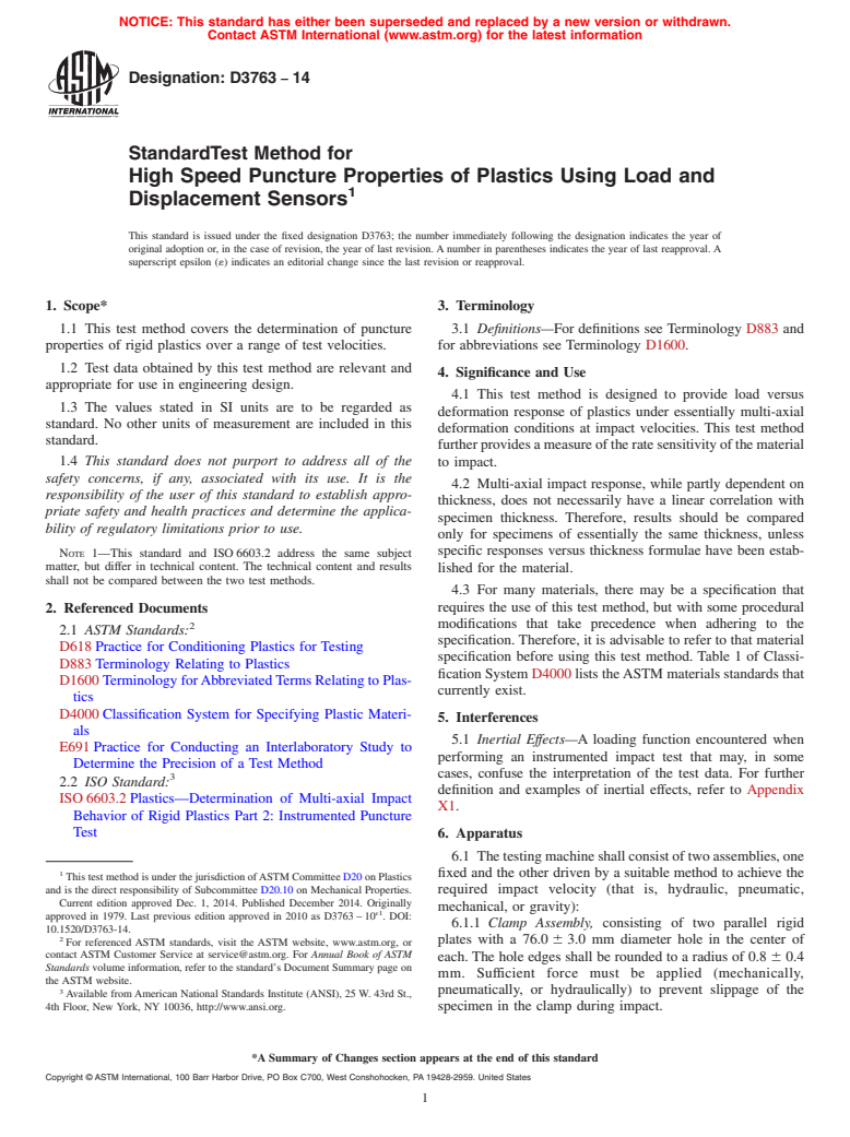 ASTM D3763-14 - Standard Test Method for  High Speed Puncture Properties of Plastics Using Load and Displacement  Sensors