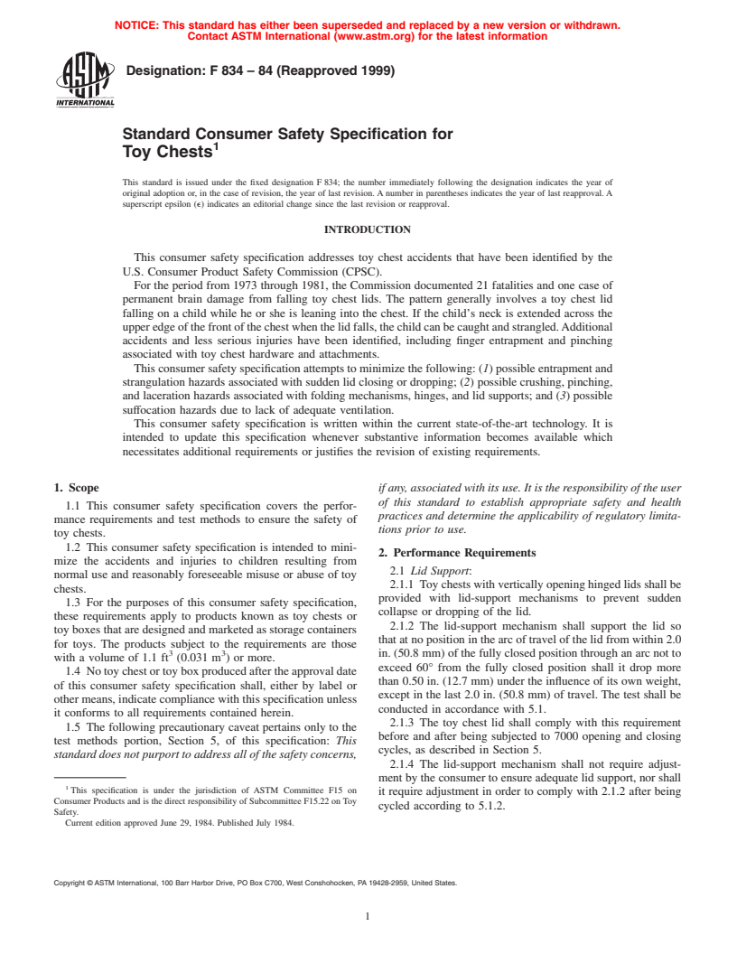 ASTM F834-84(1999) - Consumer Safety Specification for Toy Chests