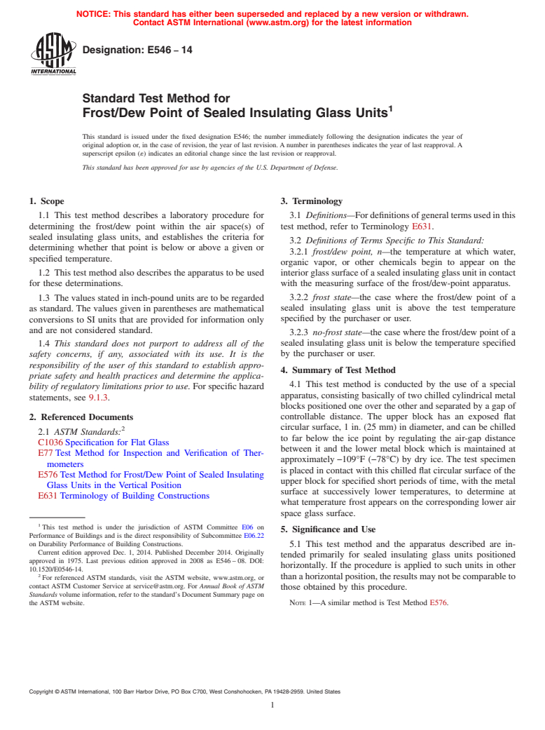 ASTM E546-14 - Standard Test Method for Frost/Dew Point of Sealed Insulating Glass Units