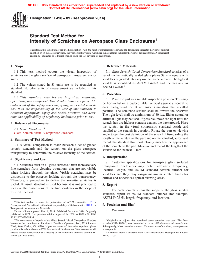 ASTM F428-09(2014) - Standard Test Method for  Intensity of Scratches on Aerospace Glass Enclosures