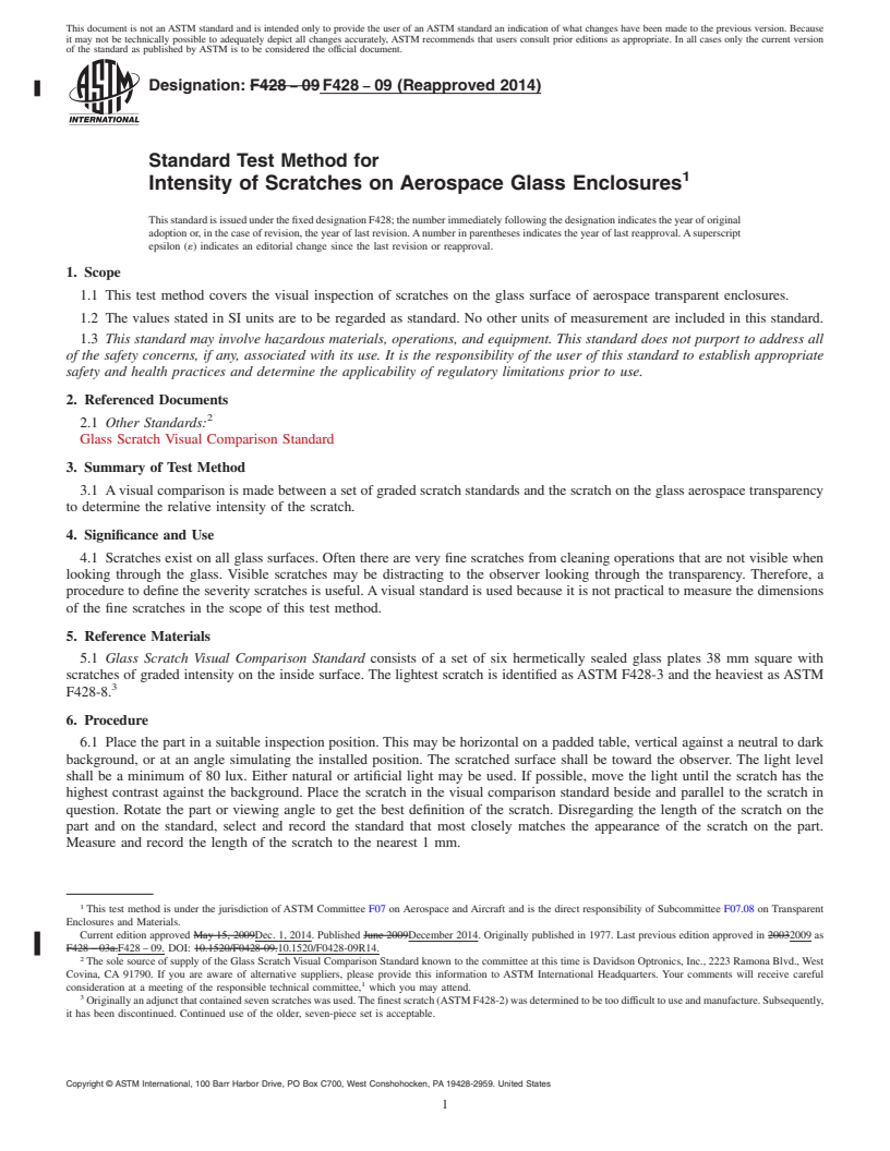 REDLINE ASTM F428-09(2014) - Standard Test Method for  Intensity of Scratches on Aerospace Glass Enclosures