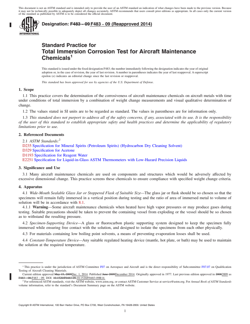 REDLINE ASTM F483-09(2014) - Standard Practice for  Total Immersion Corrosion Test for Aircraft Maintenance Chemicals