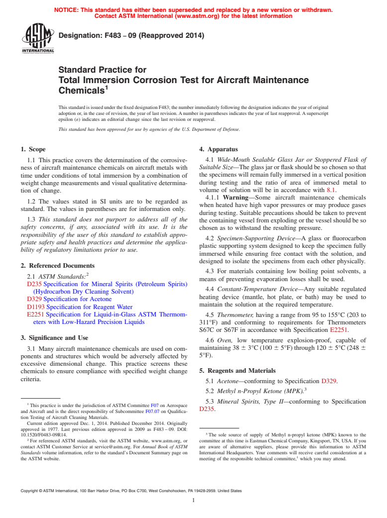 ASTM F483-09(2014) - Standard Practice for  Total Immersion Corrosion Test for Aircraft Maintenance Chemicals