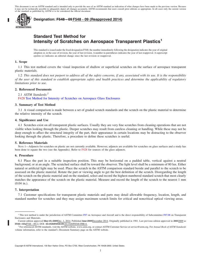 REDLINE ASTM F548-09(2014) - Standard Test Method for  Intensity of Scratches on Aerospace Transparent Plastics