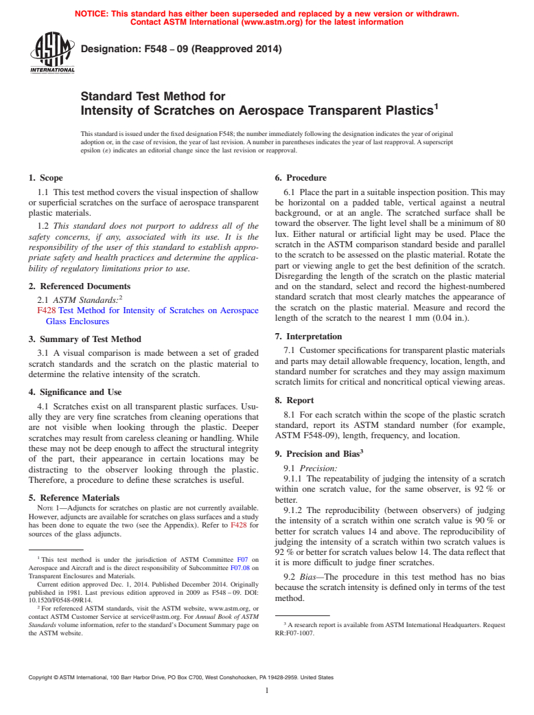 ASTM F548-09(2014) - Standard Test Method for  Intensity of Scratches on Aerospace Transparent Plastics