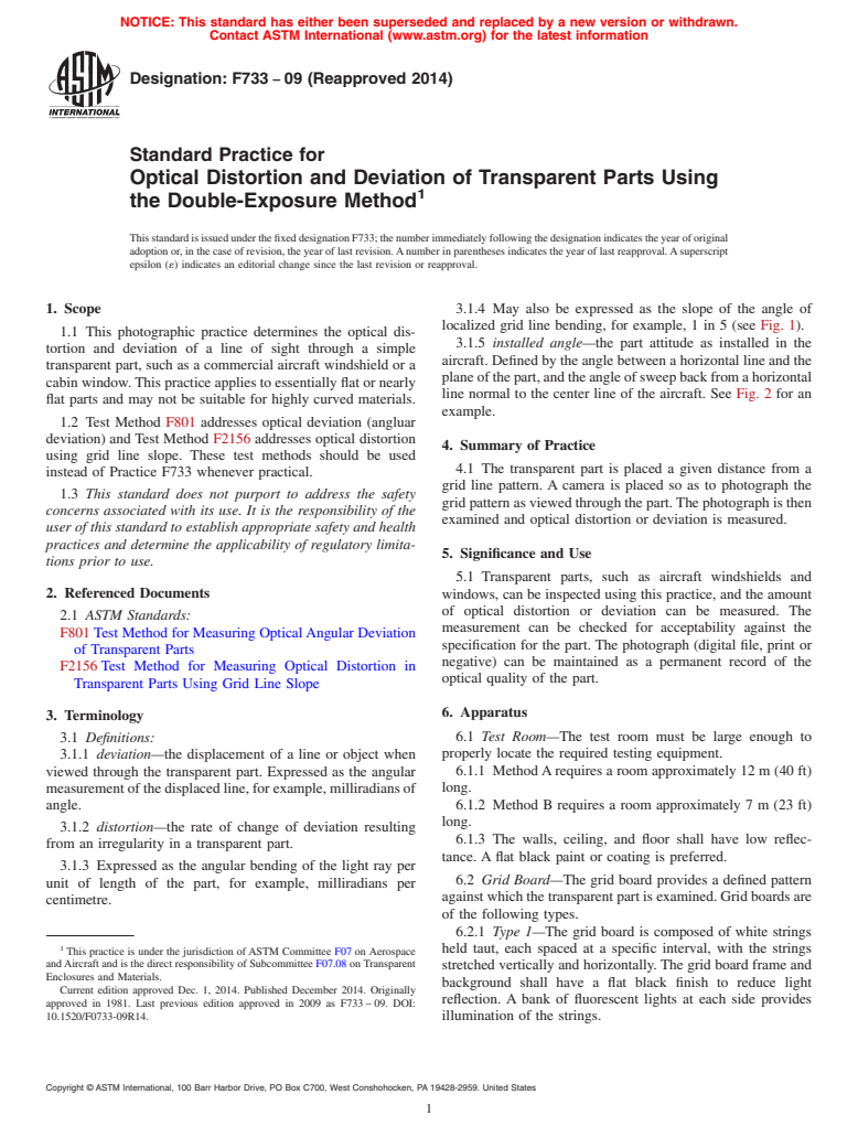 ASTM F733-09(2014) - Standard Practice for  Optical Distortion and Deviation of Transparent Parts Using  the Double-Exposure Method