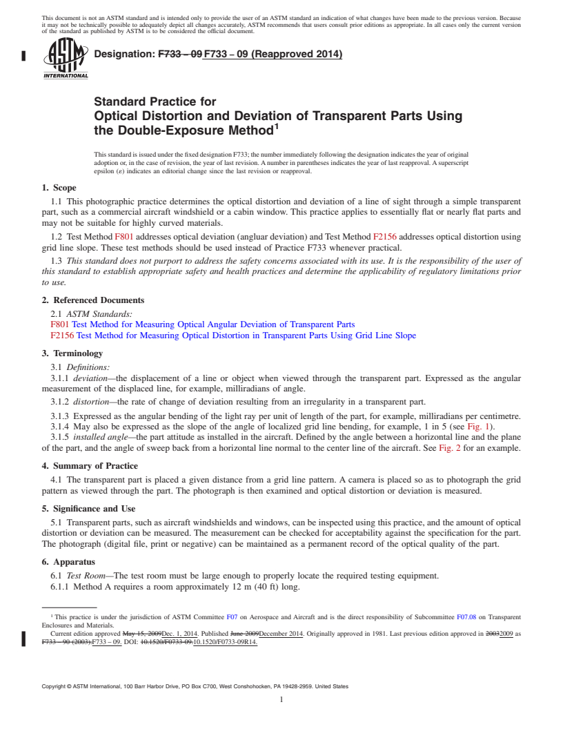 REDLINE ASTM F733-09(2014) - Standard Practice for  Optical Distortion and Deviation of Transparent Parts Using  the Double-Exposure Method