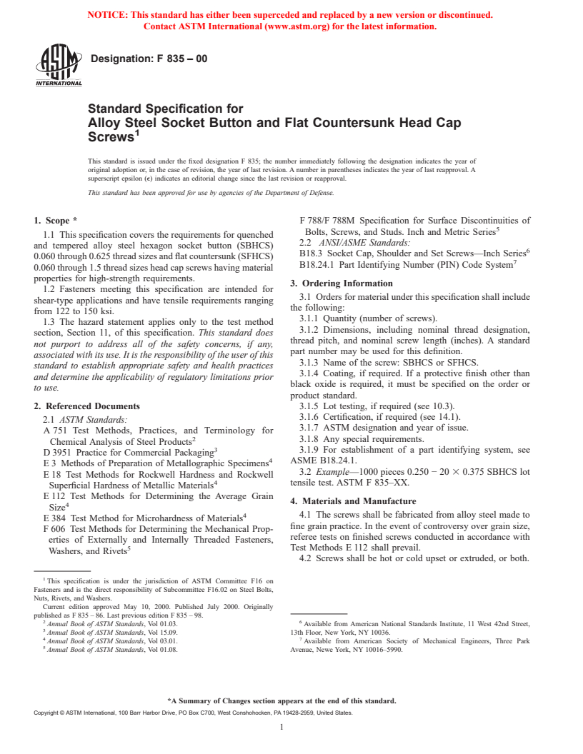 ASTM F835-00 - Standard Specification for Alloy Steel Socket Button and Flat Countersunk Head Cap Screws