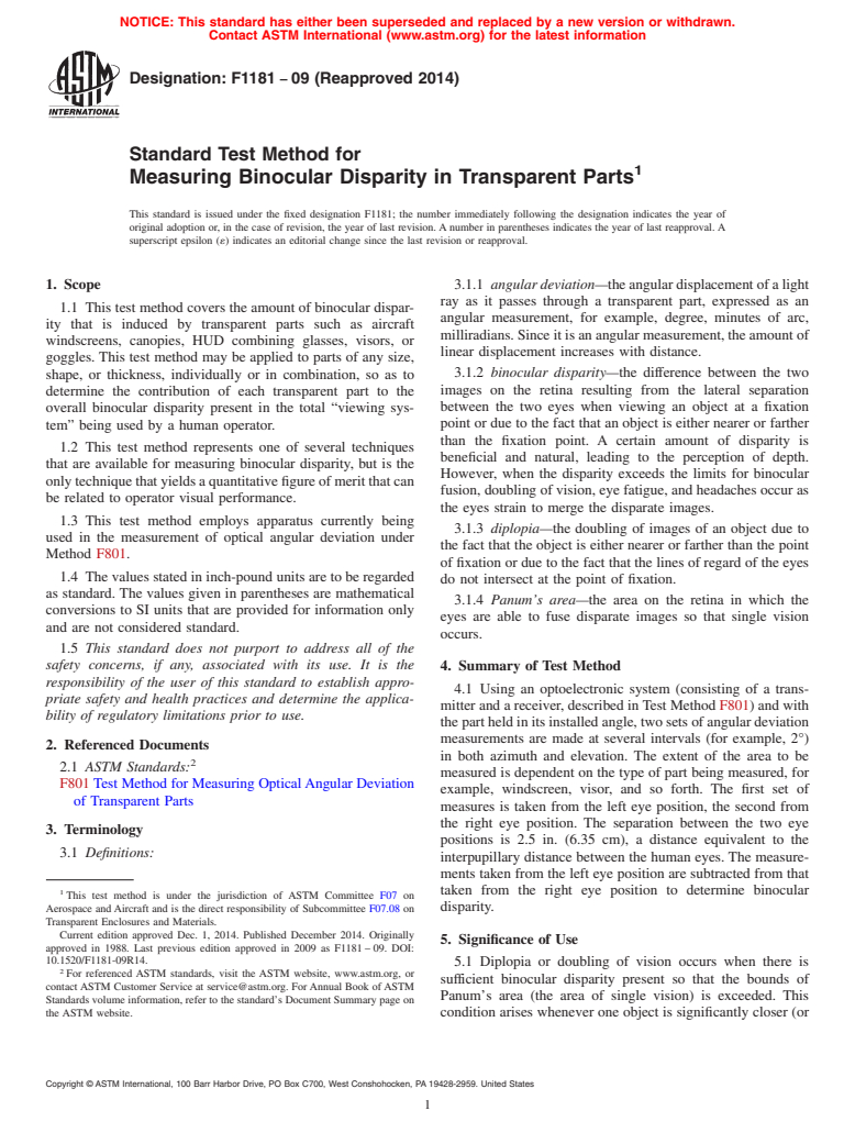 ASTM F1181-09(2014) - Standard Test Method for  Measuring Binocular Disparity in Transparent Parts