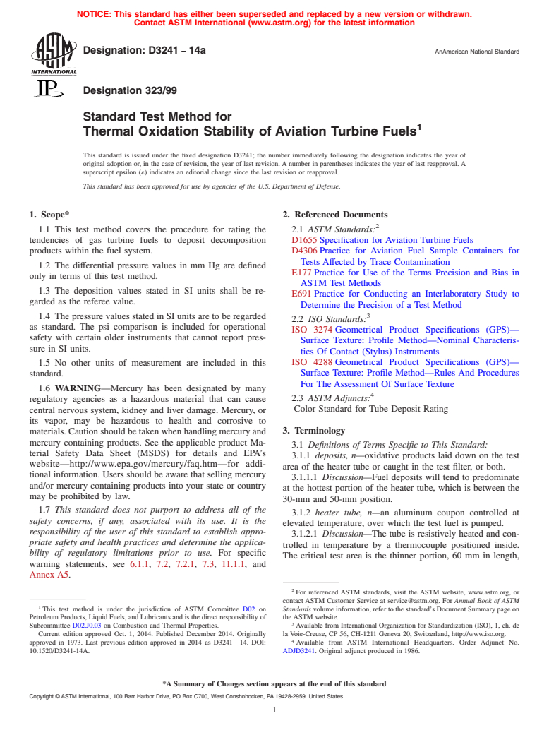 ASTM D3241-14a - Standard Test Method for Thermal Oxidation Stability of Aviation Turbine Fuels