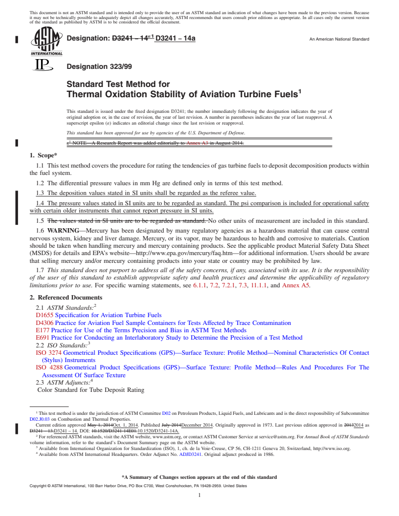 REDLINE ASTM D3241-14a - Standard Test Method for Thermal Oxidation Stability of Aviation Turbine Fuels