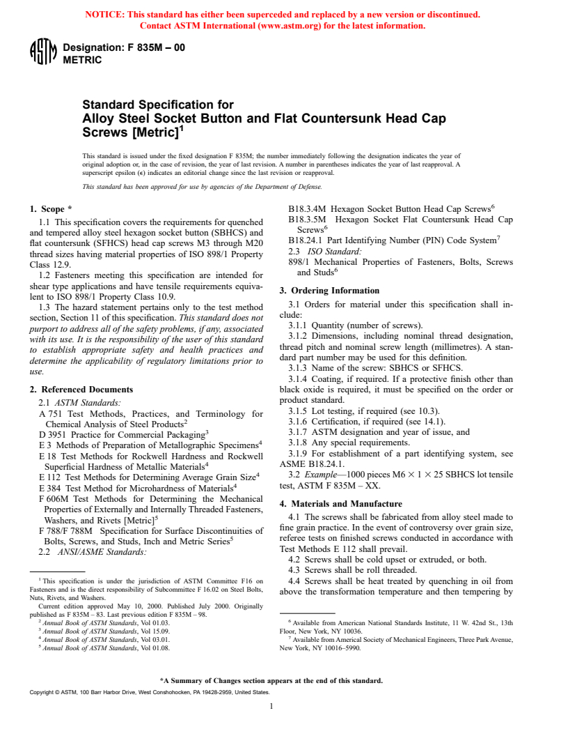 ASTM F835M-00 - Standard Specification for Alloy Steel Socket Button and Flat Countersunk Head Cap Screws [Metric]