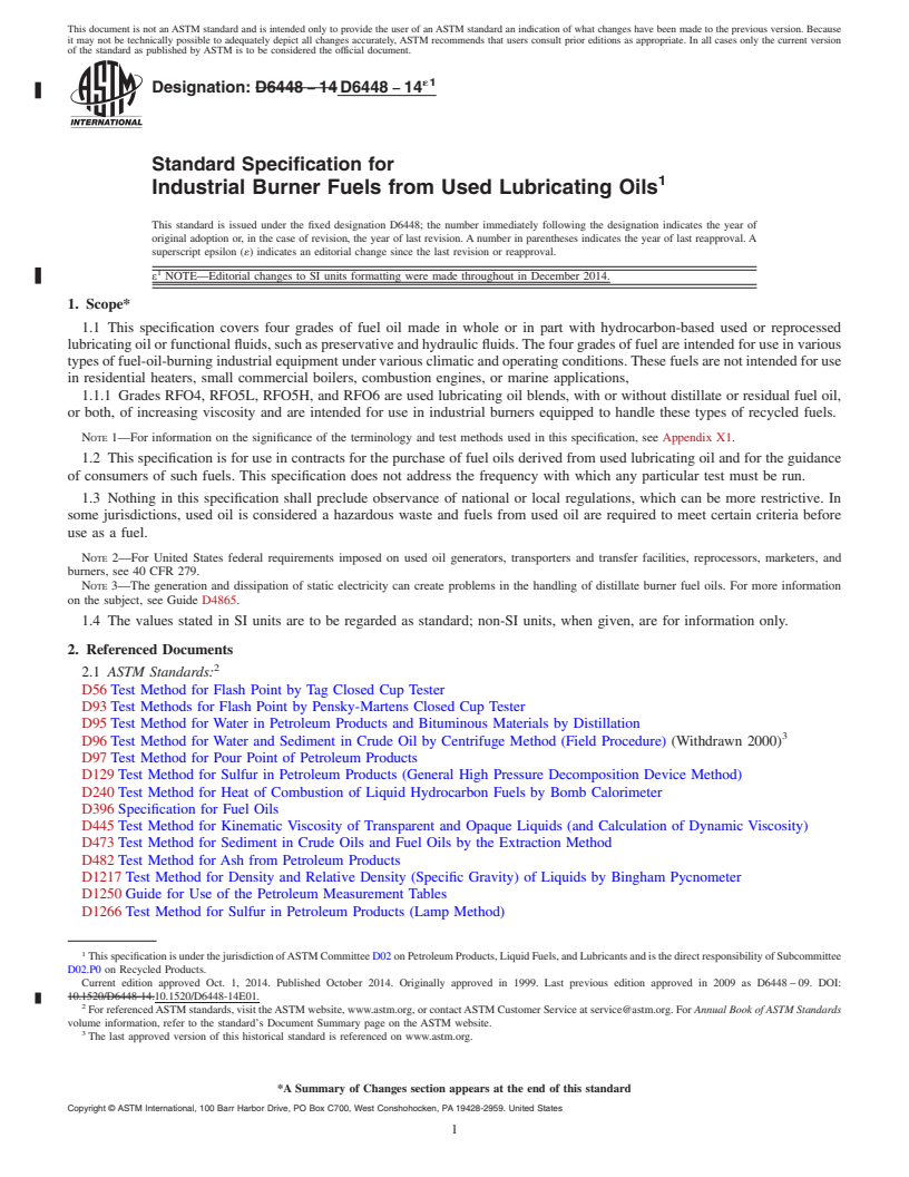 REDLINE ASTM D6448-14e1 - Standard Specification for  Industrial Burner Fuels from Used Lubricating Oils