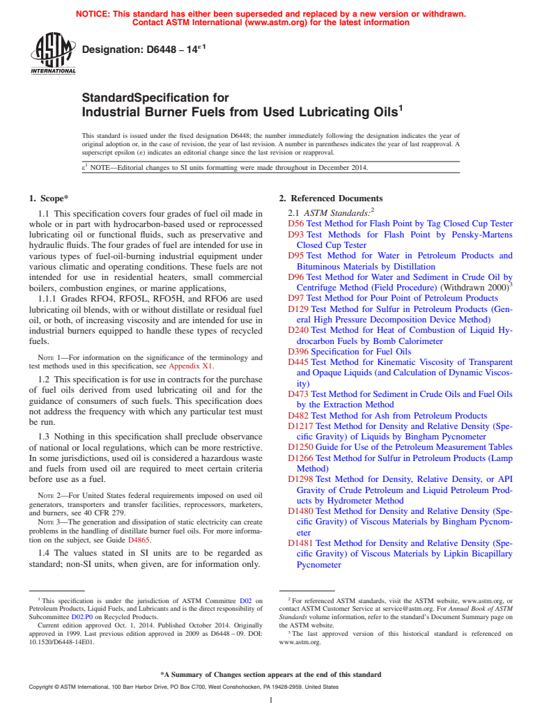 ASTM D6448-14e1 - Standard Specification for  Industrial Burner Fuels from Used Lubricating Oils