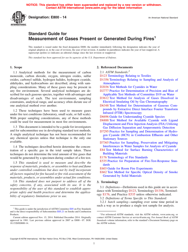 ASTM E800-14 - Standard Guide for  Measurement of Gases Present or Generated During Fires