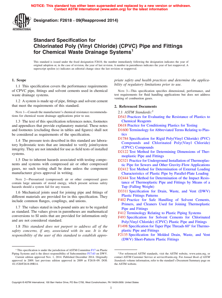 ASTM F2618-09(2014) - Standard Specification for  Chlorinated Poly (Vinyl Chloride) (CPVC) Pipe and Fittings   for Chemical Waste Drainage Systems