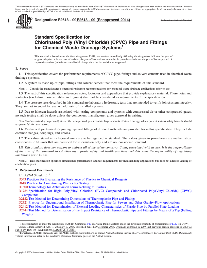 REDLINE ASTM F2618-09(2014) - Standard Specification for  Chlorinated Poly (Vinyl Chloride) (CPVC) Pipe and Fittings   for Chemical Waste Drainage Systems