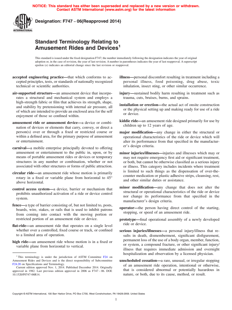 ASTM F747-06(2014) - Standard Terminology Relating to Amusement Rides and Devices