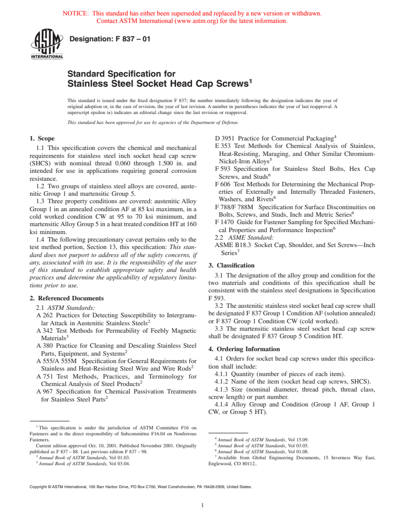 ASTM F837-01 - Standard Specification for Stainless Steel Socket Head Cap Screws