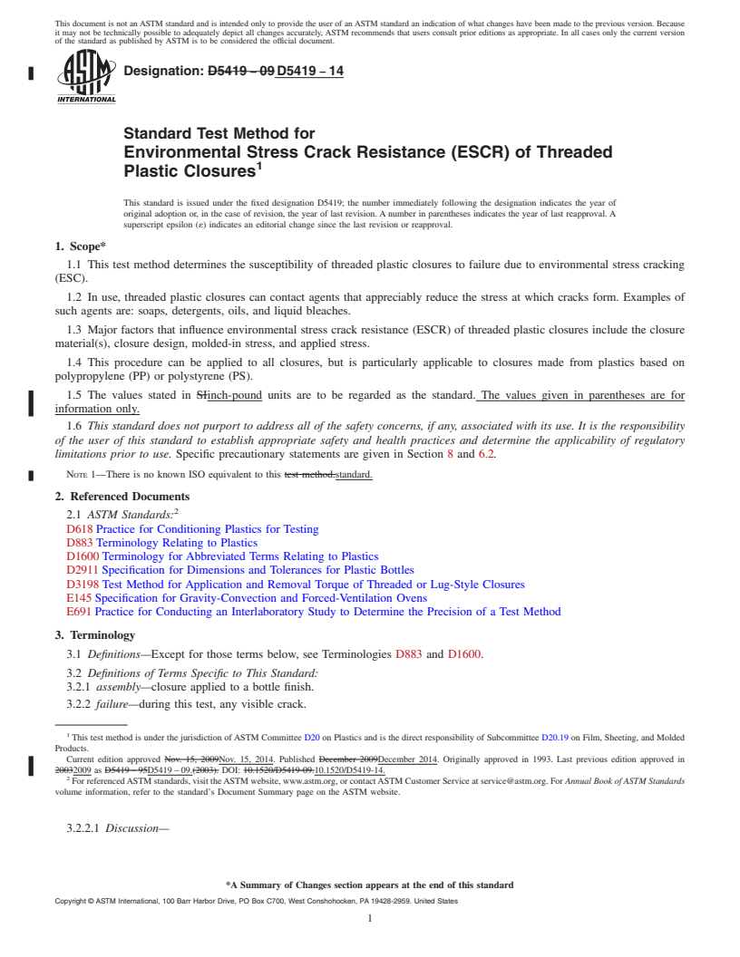 REDLINE ASTM D5419-14 - Standard Test Method for  Environmental Stress Crack Resistance (ESCR) of Threaded Plastic  Closures