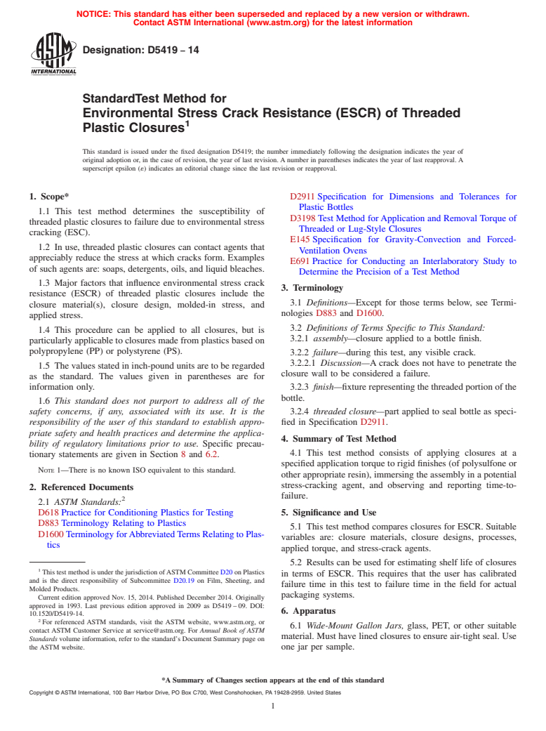 ASTM D5419-14 - Standard Test Method for  Environmental Stress Crack Resistance (ESCR) of Threaded Plastic  Closures