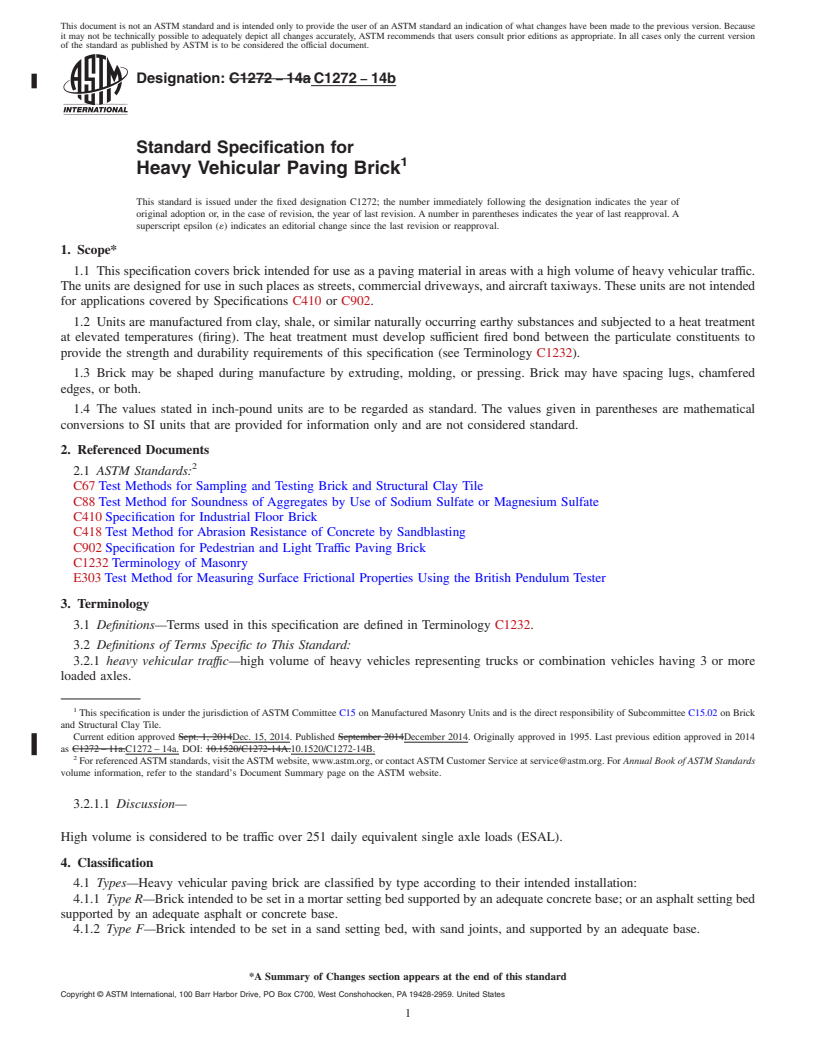 REDLINE ASTM C1272-14b - Standard Specification for  Heavy Vehicular Paving Brick