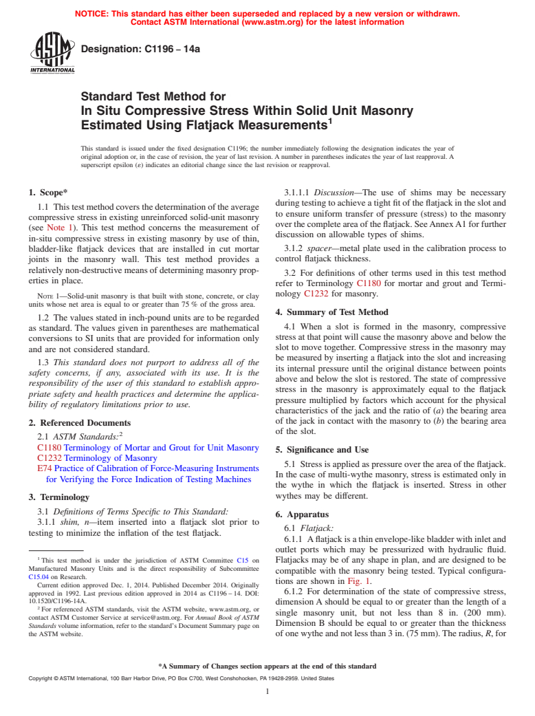 ASTM C1196-14a - Standard Test Method for  In Situ Compressive Stress Within Solid Unit Masonry Estimated  Using Flatjack Measurements