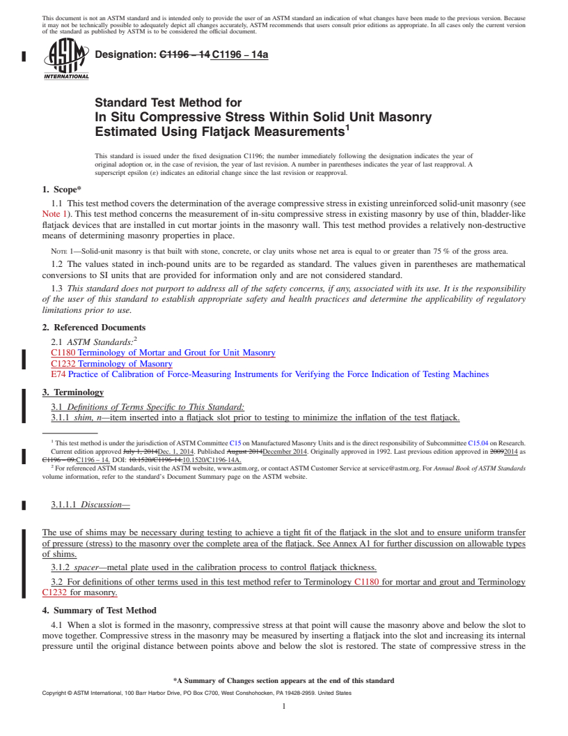 REDLINE ASTM C1196-14a - Standard Test Method for  In Situ Compressive Stress Within Solid Unit Masonry Estimated  Using Flatjack Measurements