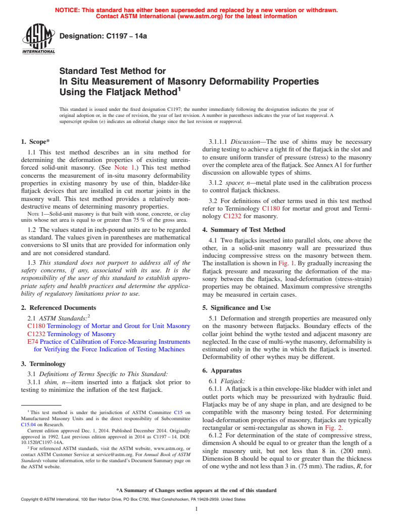 ASTM C1197-14a - Standard Test Method for  In Situ Measurement of Masonry Deformability Properties Using  the Flatjack Method