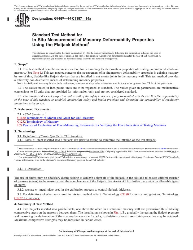 REDLINE ASTM C1197-14a - Standard Test Method for  In Situ Measurement of Masonry Deformability Properties Using  the Flatjack Method