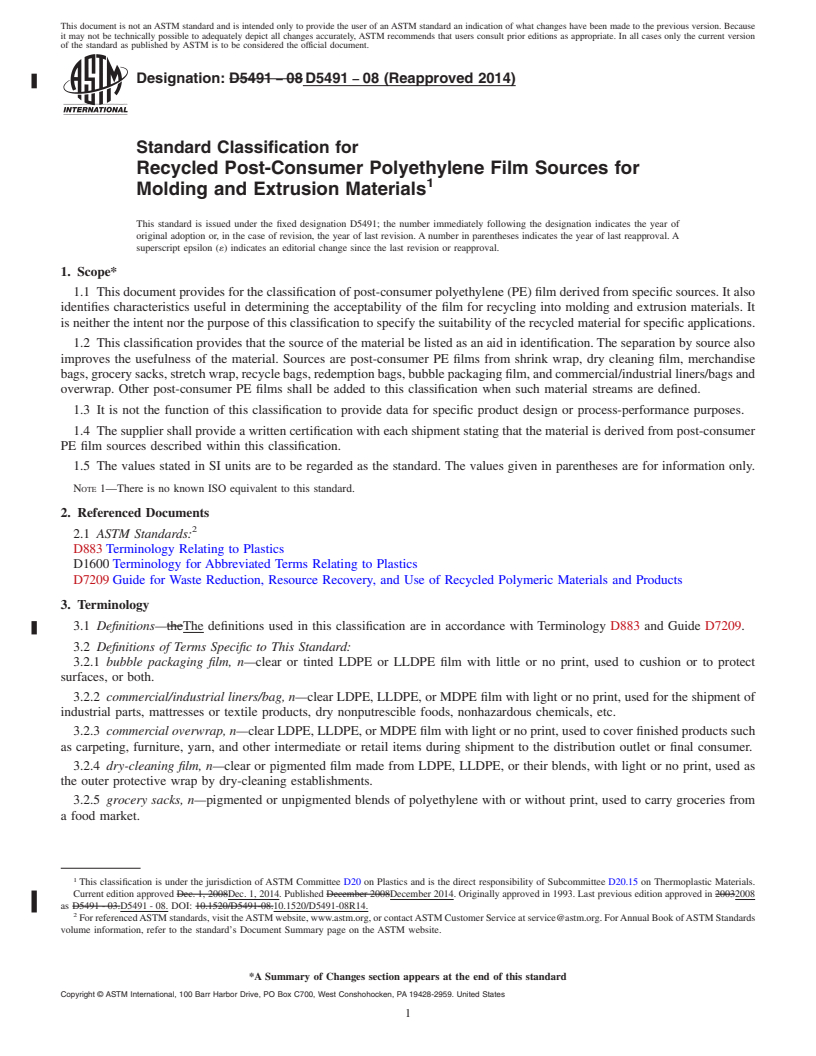 REDLINE ASTM D5491-08(2014) - Standard Classification for Recycled Post-Consumer Polyethylene Film Sources for Molding  and Extrusion Materials