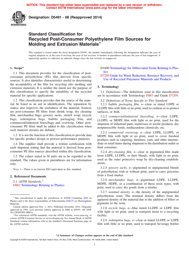 ASTM D5491-08(2014) - Standard Classification for Recycled Post-Consumer Polyethylene Film Sources for Molding  and Extrusion Materials