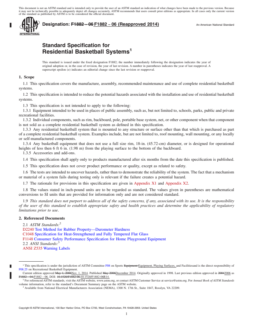 REDLINE ASTM F1882-06(2014) - Standard Specification for Residential Basketball Systems