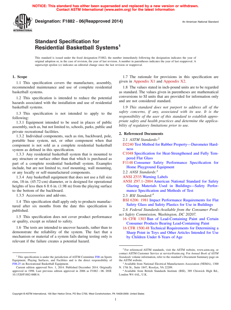 ASTM F1882-06(2014) - Standard Specification for Residential Basketball Systems