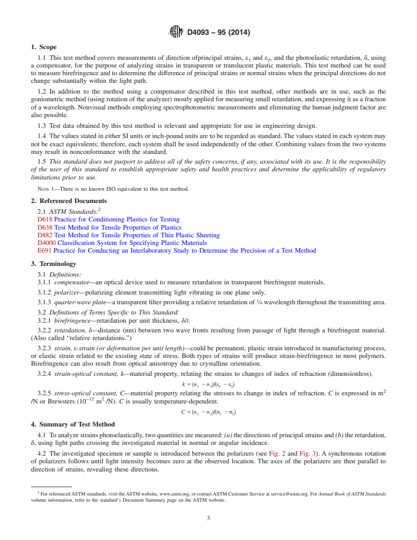 REDLINE ASTM D4093-95(2014) - Standard Test Method for Photoelastic Measurements of Birefringence and Residual Strains  in Transparent or Translucent Plastic Materials