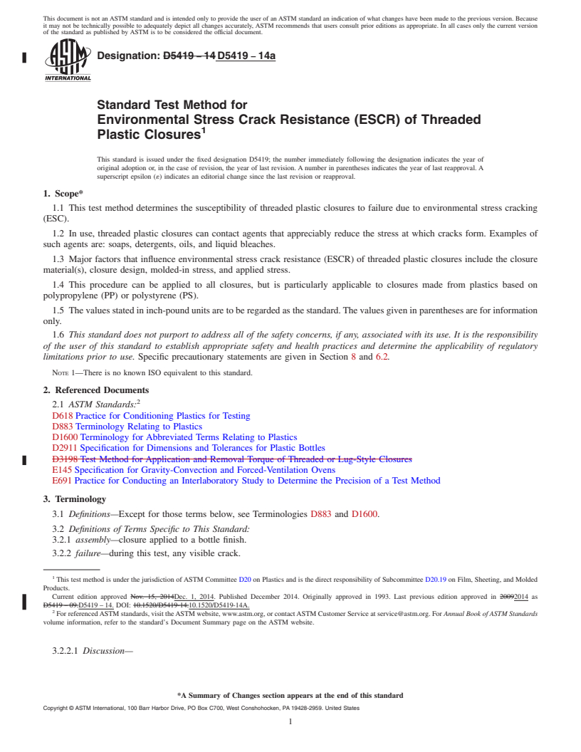 REDLINE ASTM D5419-14a - Standard Test Method for  Environmental Stress Crack Resistance (ESCR) of Threaded Plastic  Closures