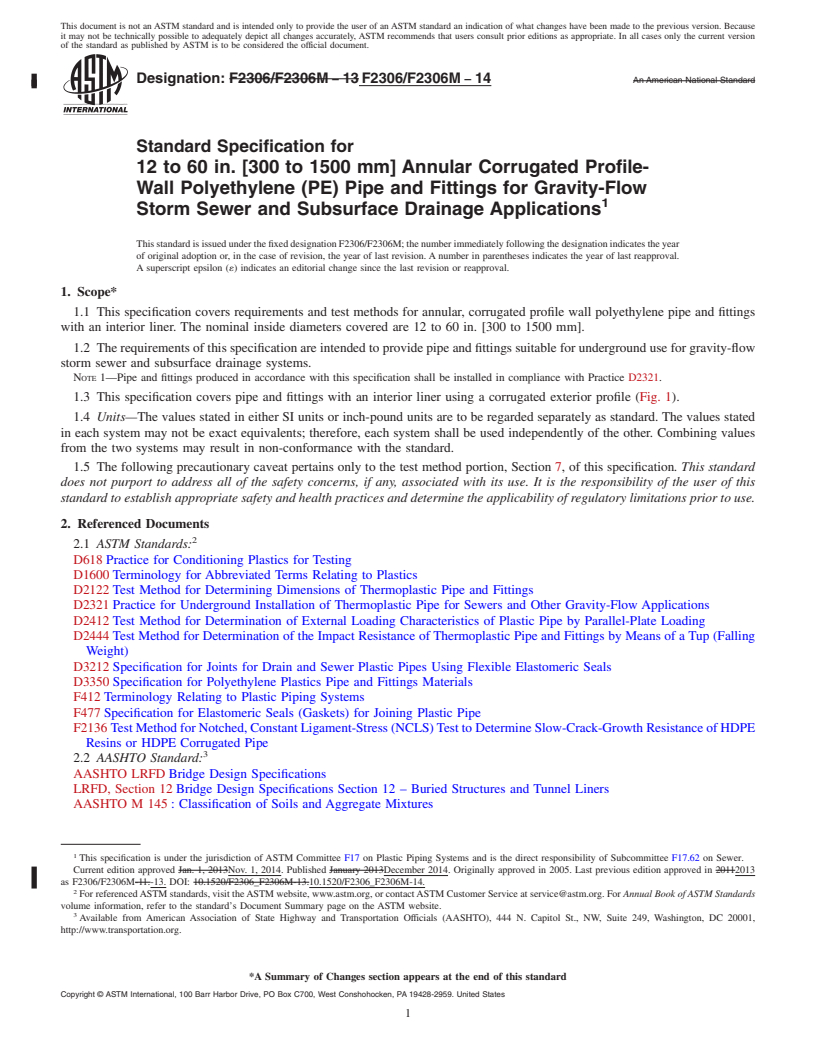 REDLINE ASTM F2306/F2306M-14 - Standard Specification for  12 to 60 in. [300 to 1500 mm] Annular Corrugated Profile-Wall   Polyethylene (PE) Pipe and Fittings for Gravity-Flow Storm Sewer  and  Subsurface Drainage Applications
