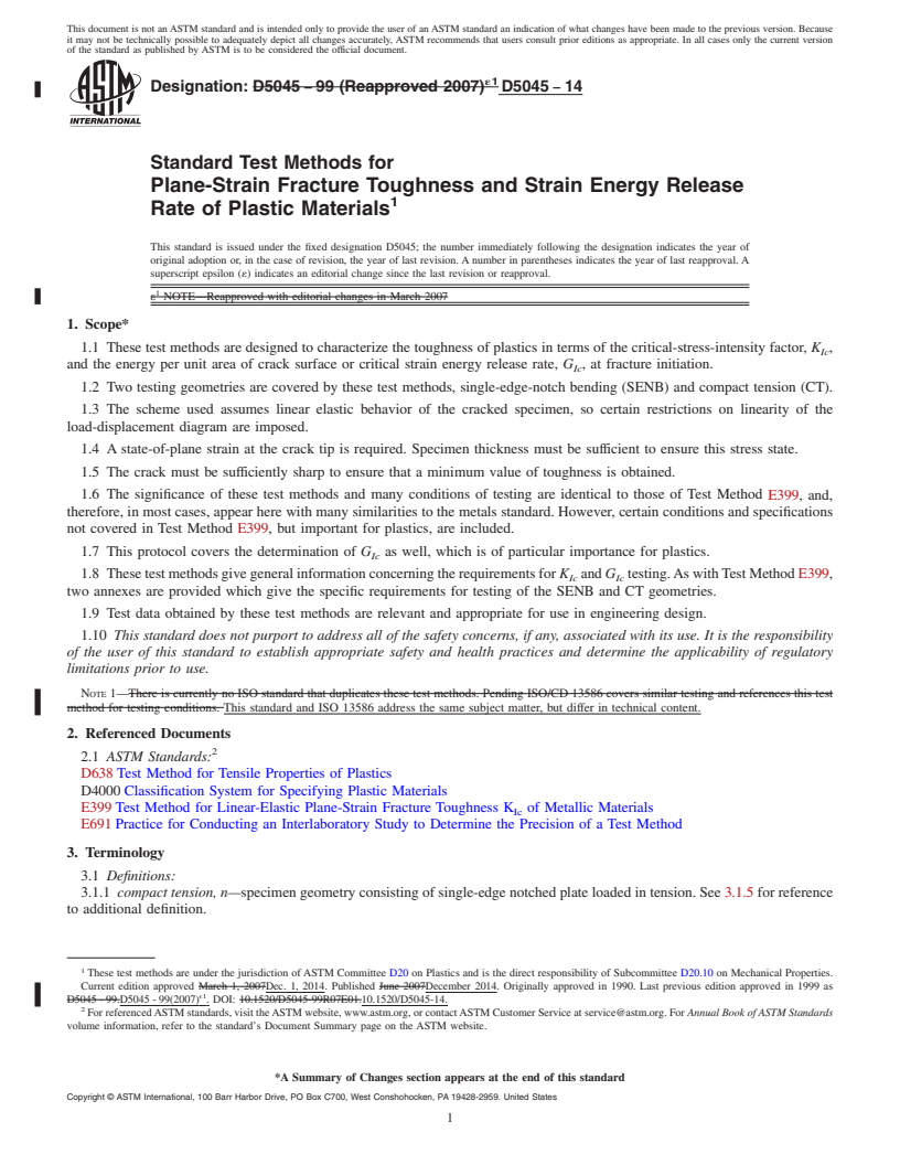 REDLINE ASTM D5045-14 - Standard Test Methods for  Plane-Strain Fracture Toughness and Strain Energy Release Rate  of Plastic Materials