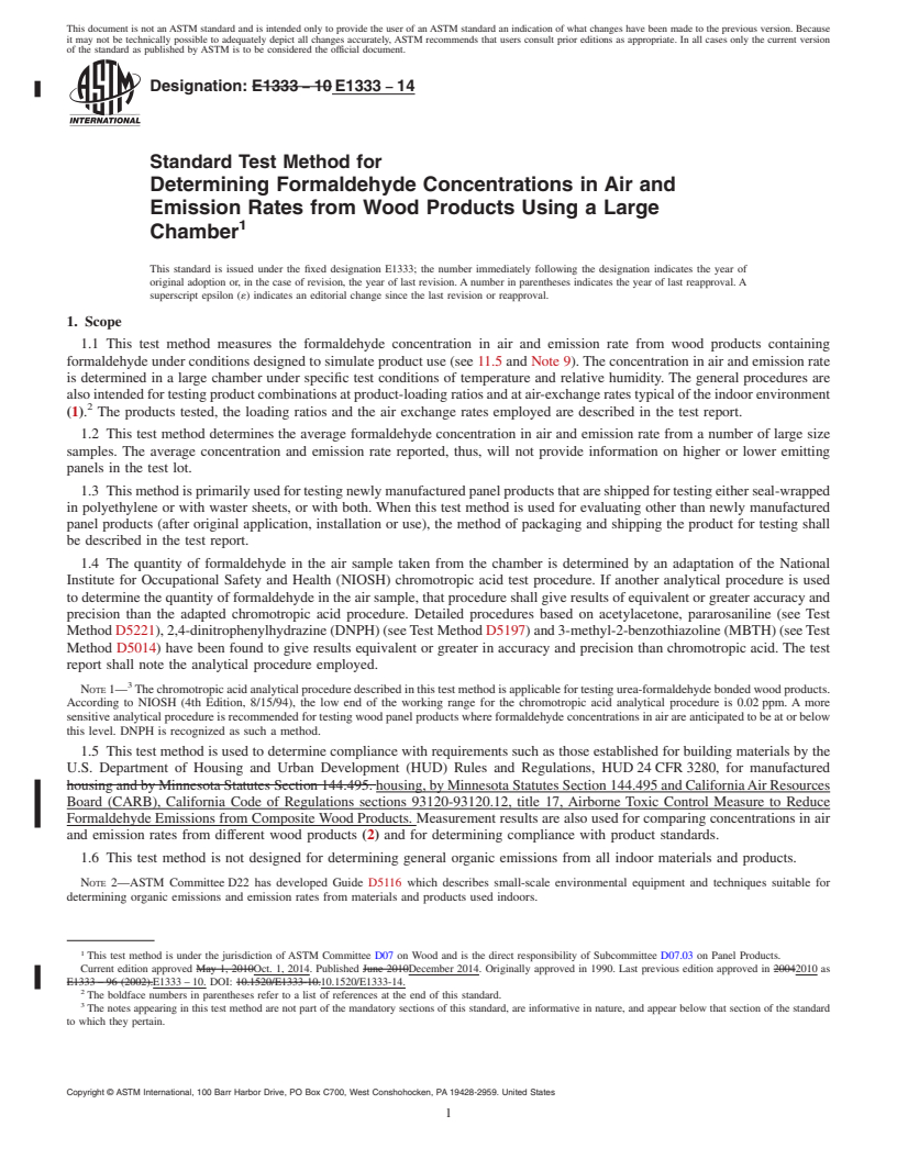 REDLINE ASTM E1333-14 - Standard Test Method for  Determining Formaldehyde Concentrations in Air and Emission  Rates from Wood Products Using a Large Chamber