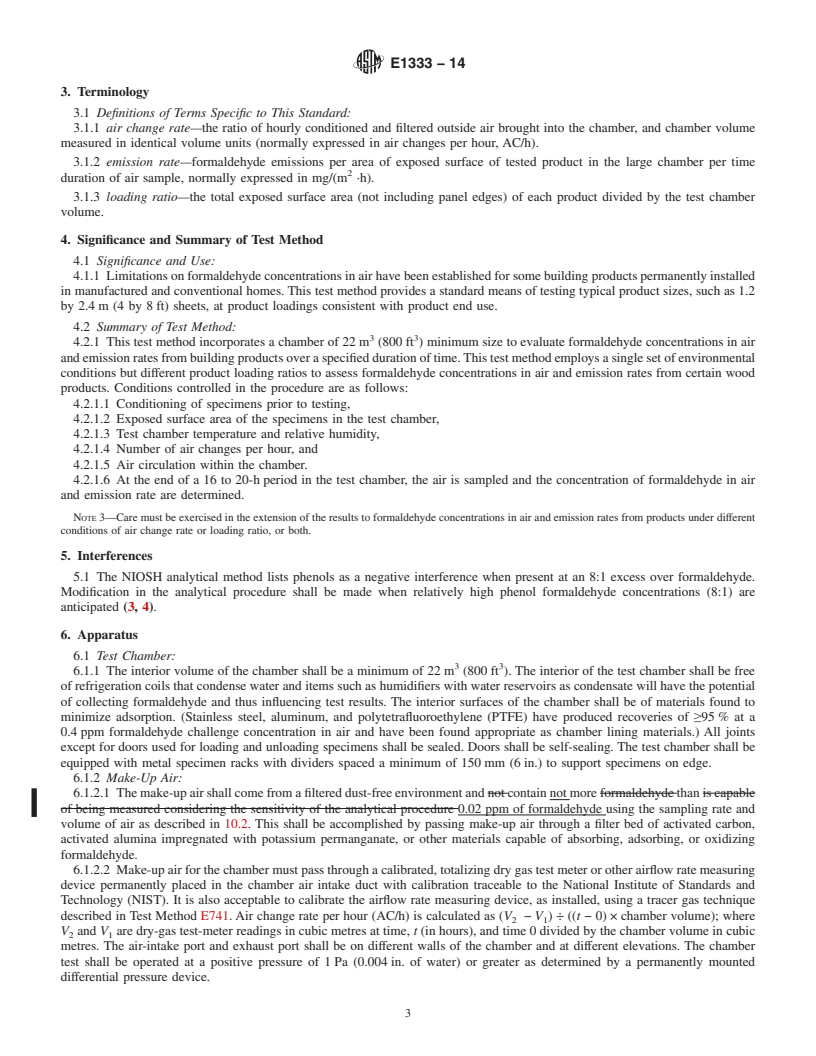 REDLINE ASTM E1333-14 - Standard Test Method for  Determining Formaldehyde Concentrations in Air and Emission  Rates from Wood Products Using a Large Chamber