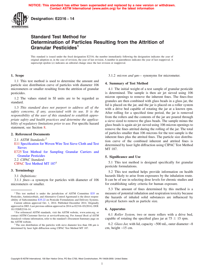 ASTM E2316-14 - Standard Test Method for  Determination of Particles Resulting from the Attrition of  Granular Pesticides