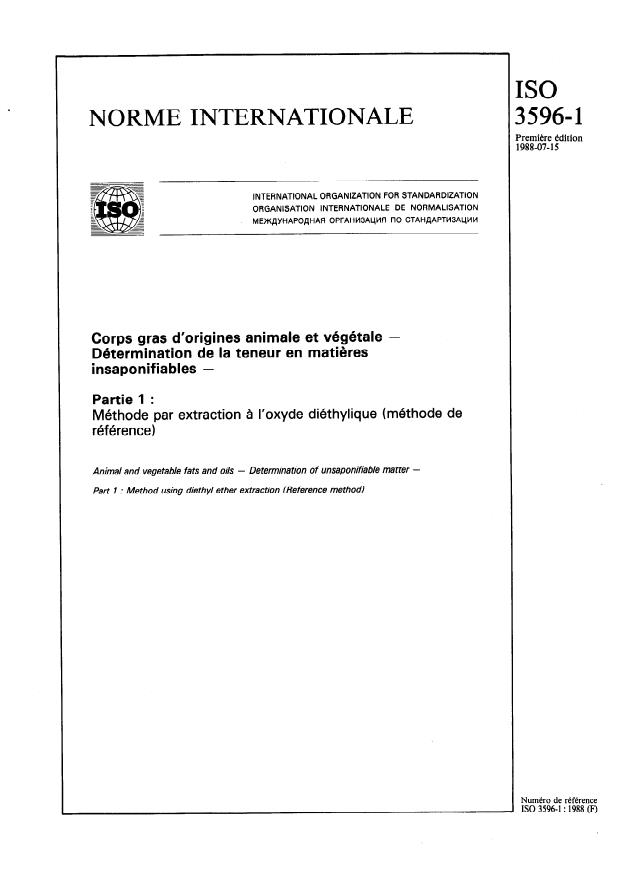 ISO 3596-1:1988 - Corps gras d'origines animale et végétale -- Détermination de la teneur en matieres insaponifiables