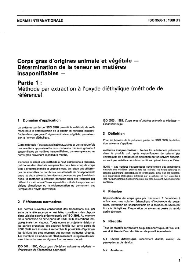 ISO 3596-1:1988 - Corps gras d'origines animale et végétale -- Détermination de la teneur en matieres insaponifiables