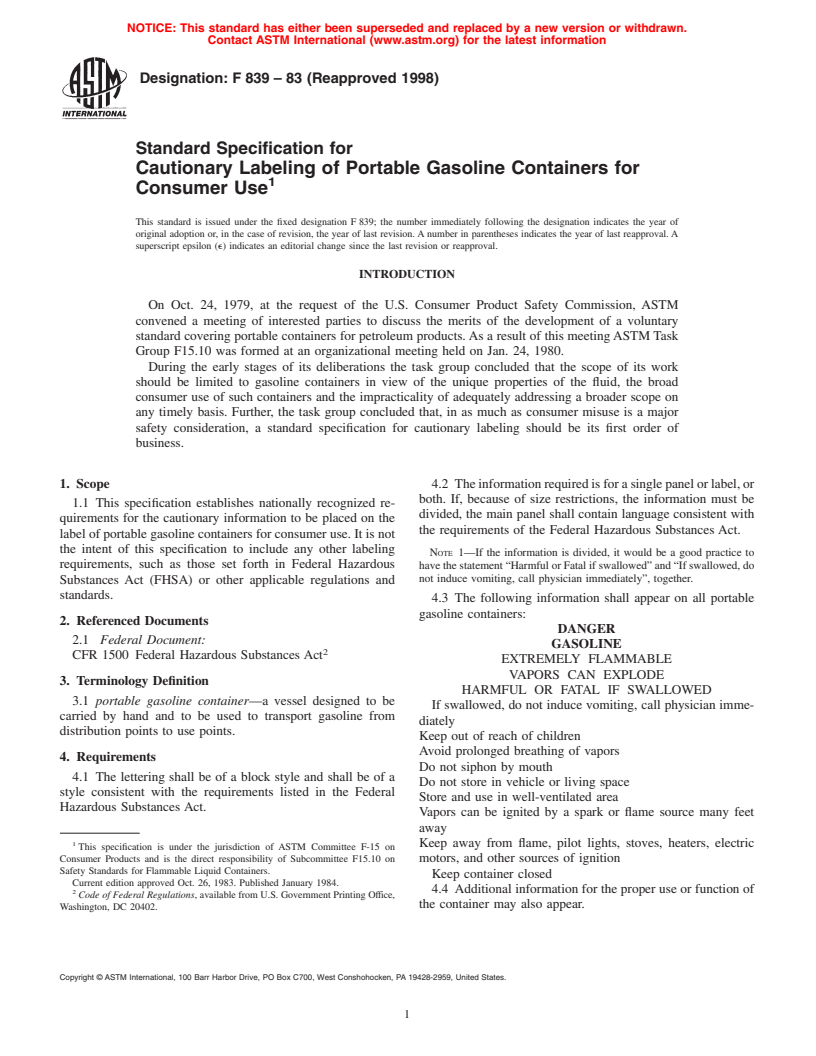 ASTM F839-83(1998) - Standard Specification for Cautionary Labeling of Portable Gasoline Containers for Consumer Use