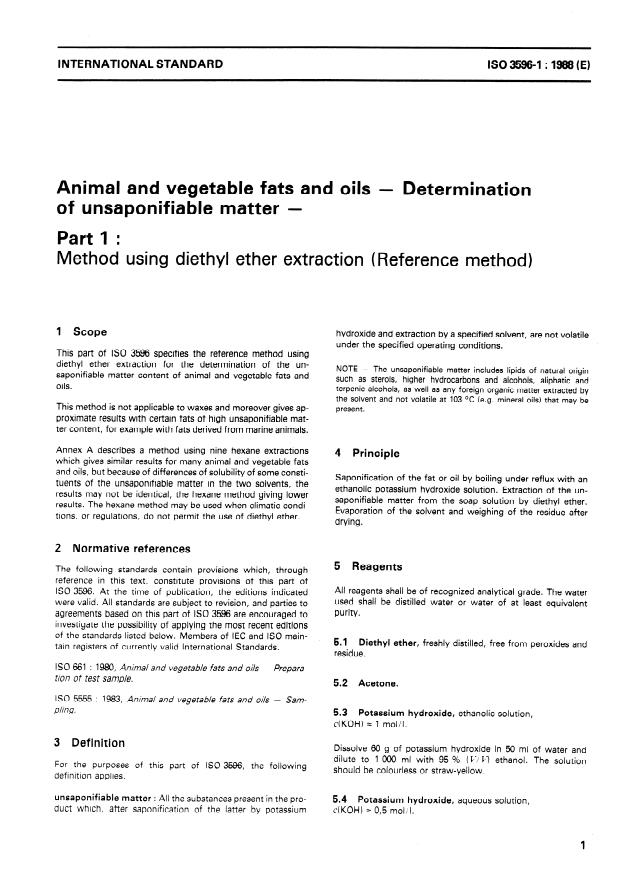 ISO 3596-1:1988 - Animal and vegetable fats and oils -- Determination of unsaponifiable matter