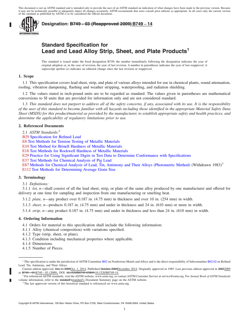 REDLINE ASTM B749-14 - Standard Specification for Lead and Lead Alloy Strip, Sheet, and Plate Products